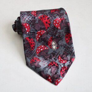 Christian Dior Vintage Rare Gray Red Mushroom Print Men's Neck Tie